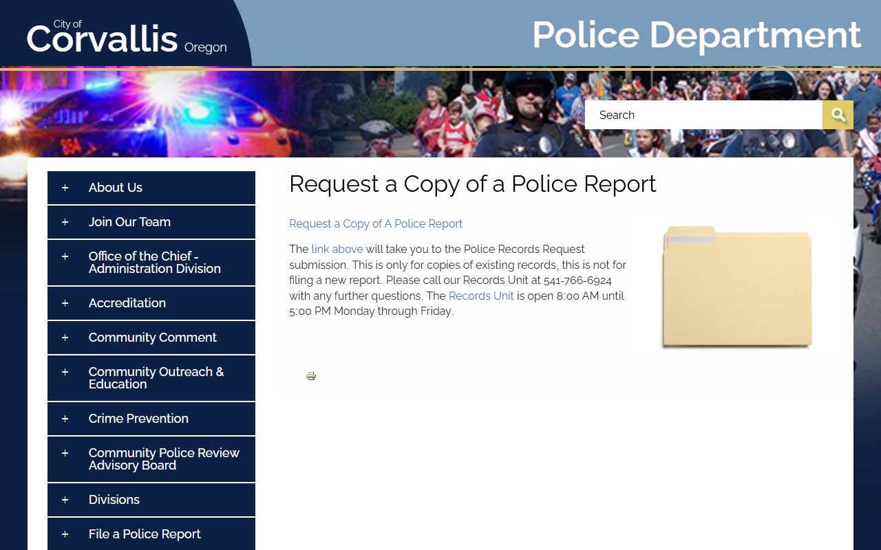 Corvallis phone directory Police Records Unit resource page